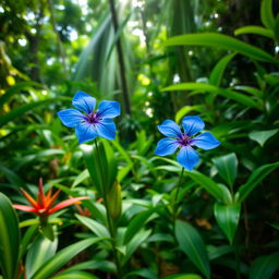 A beautiful blue flower blooming in the middle of a dense jungle, surrounded by vibrant green foliage, exotic plants, and a few rays of sunlight filtering through the thick canopy above