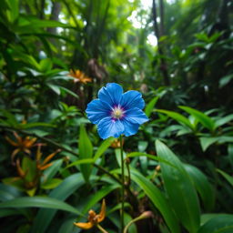 A beautiful blue flower blooming in the middle of a dense jungle, surrounded by vibrant green foliage, exotic plants, and a few rays of sunlight filtering through the thick canopy above