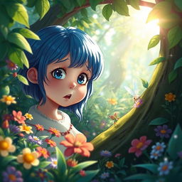 A girl with blue hair lost in the middle of a vibrant forest, surrounded by lush greenery and colorful flowers