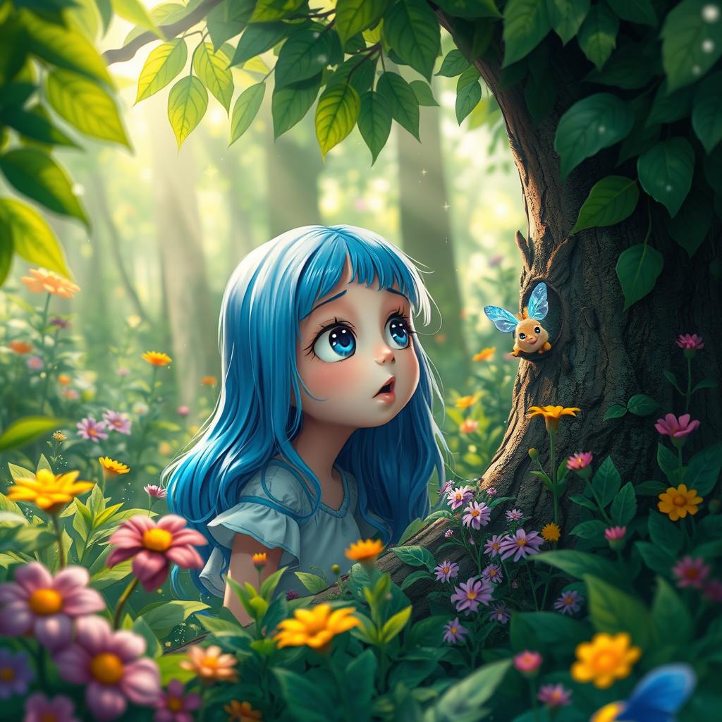 A girl with blue hair lost in the middle of a vibrant forest, surrounded by lush greenery and colorful flowers