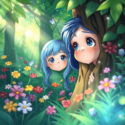 A girl with blue hair lost in the middle of a vibrant forest, surrounded by lush greenery and colorful flowers