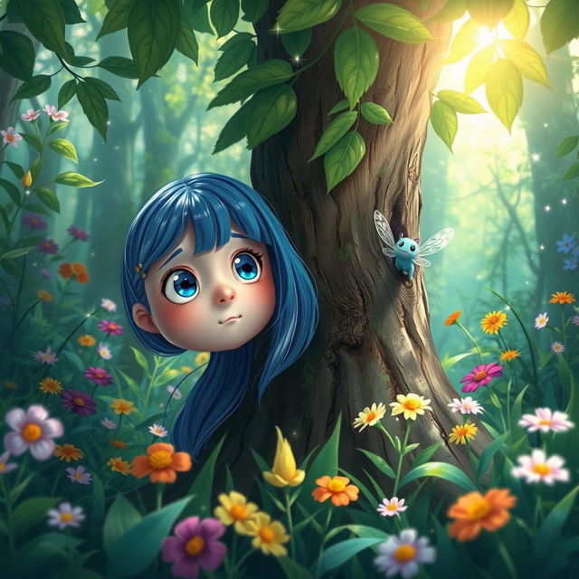 A girl with blue hair lost in the middle of a vibrant forest, surrounded by lush greenery and colorful flowers