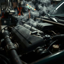 A close-up view of a car engine displaying visible signs of failure, showcasing details such as smoke emanating from parts, a cracked engine cover, and oil leaks