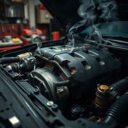 A close-up view of a car engine displaying visible signs of failure, showcasing details such as smoke emanating from parts, a cracked engine cover, and oil leaks