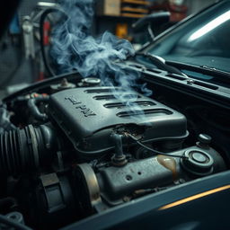 A close-up view of a car engine displaying visible signs of failure, showcasing details such as smoke emanating from parts, a cracked engine cover, and oil leaks