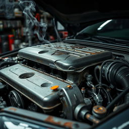 A close-up view of a car engine displaying visible signs of failure, showcasing details such as smoke emanating from parts, a cracked engine cover, and oil leaks