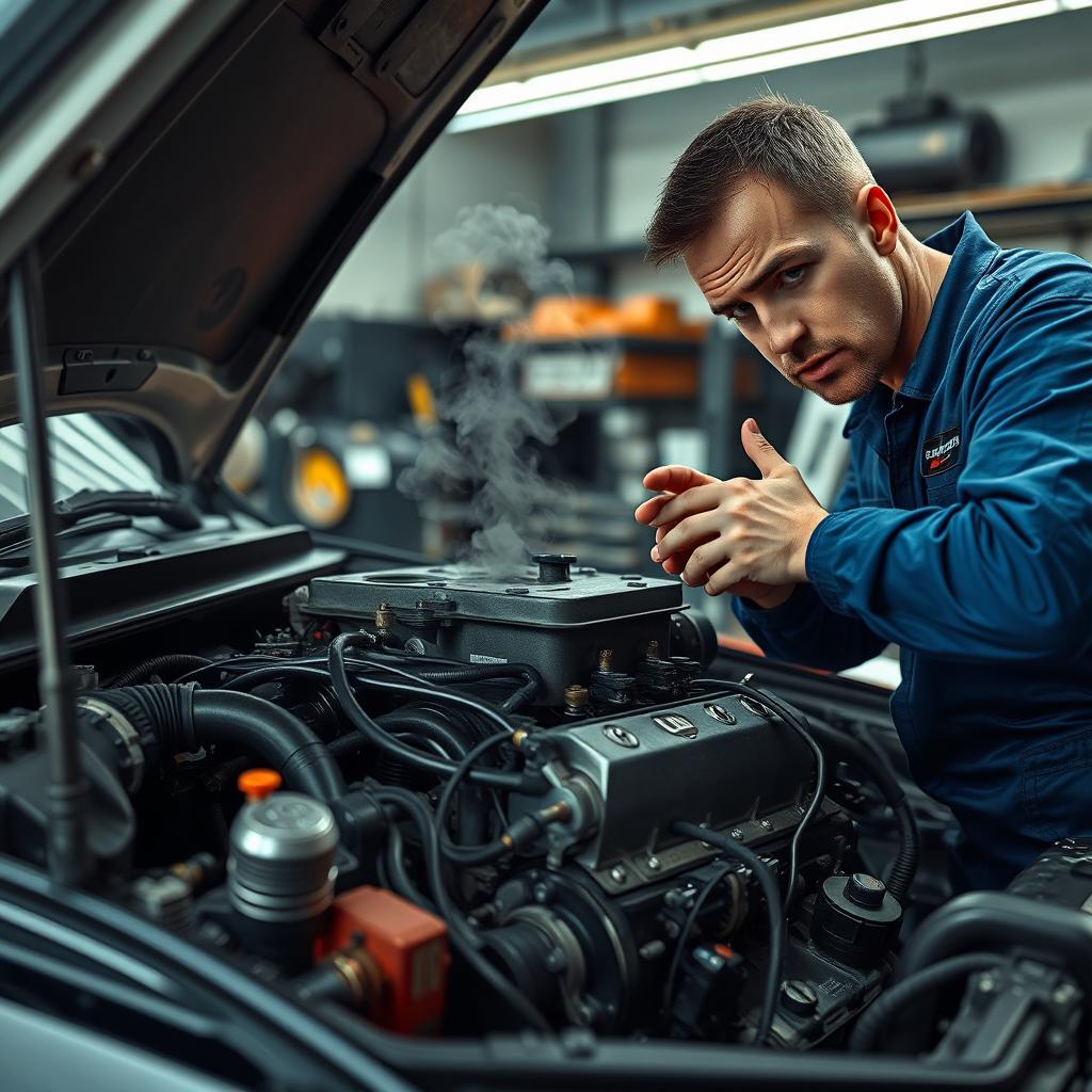 A detailed and realistic image depicting a car engine with visible operator failure indicators, such as warning lights and mechanical smoke