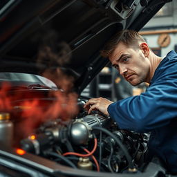 A detailed and realistic image depicting a car engine with visible operator failure indicators, such as warning lights and mechanical smoke