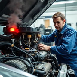 A detailed and realistic image depicting a car engine with visible operator failure indicators, such as warning lights and mechanical smoke