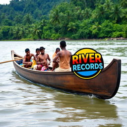 A traditional canoe from the Sepik River in Papua New Guinea, featuring several people onboard engaged in various activities