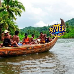 A traditional canoe from the Sepik River in Papua New Guinea, featuring several people onboard engaged in various activities
