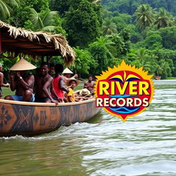 A traditional canoe from the Sepik River in Papua New Guinea, featuring several people onboard engaged in various activities