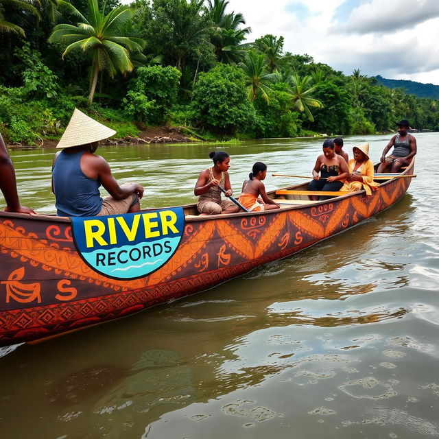 A traditional canoe from the Sepik River in Papua New Guinea, featuring several people onboard engaged in various activities