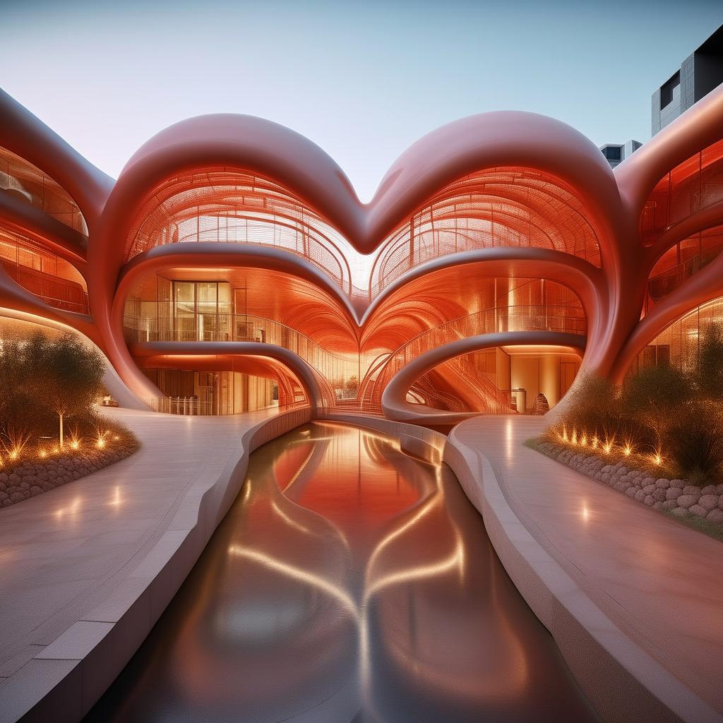 A unique hospital designed in the shape of a realistic human heart, with veins and arteries serving as pathways, set against a tranquil background.