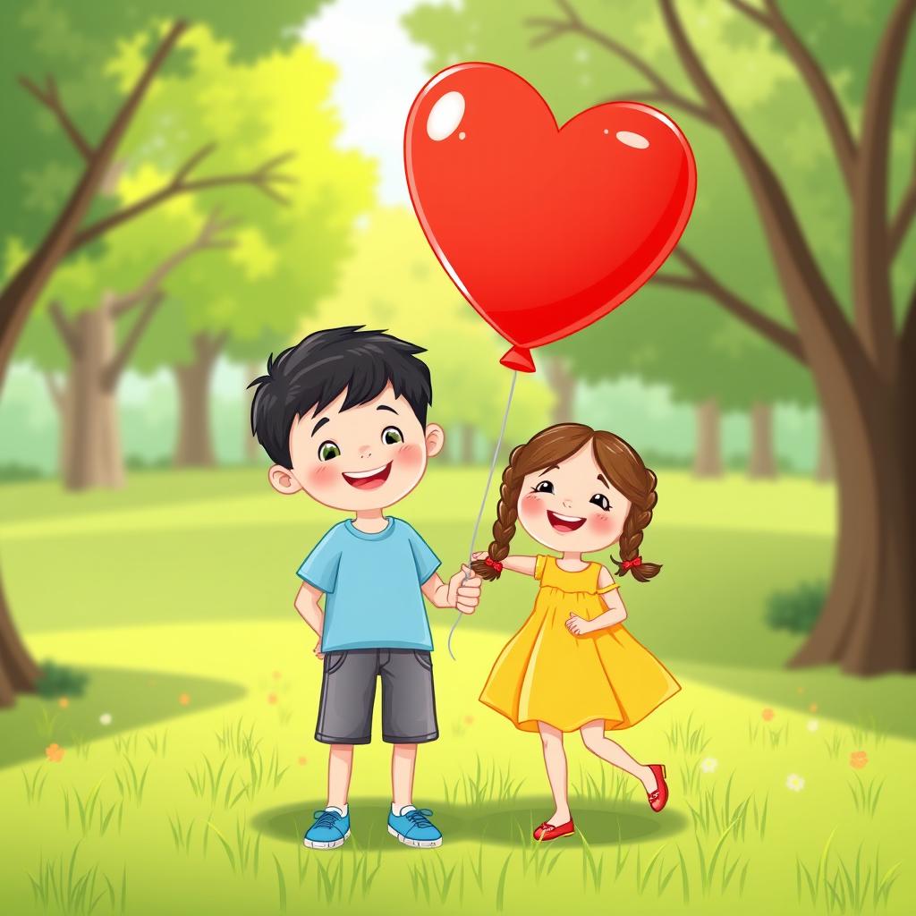 A vector art illustration featuring a cheerful boy and girl holding a bright and colorful balloon