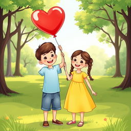 A vector art illustration featuring a cheerful boy and girl holding a bright and colorful balloon