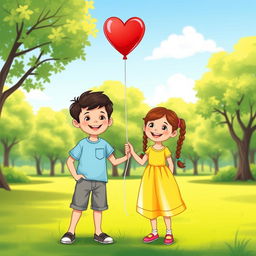 A vector art illustration featuring a cheerful boy and girl holding a bright and colorful balloon