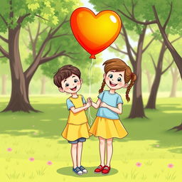 A vector art illustration featuring a cheerful boy and girl holding a bright and colorful balloon