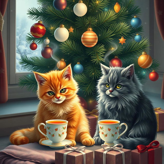A cozy scene of two adorable cats, one orange tabby and one fluffy gray, sitting under a beautifully decorated Christmas tree