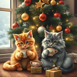 A cozy scene of two adorable cats, one orange tabby and one fluffy gray, sitting under a beautifully decorated Christmas tree