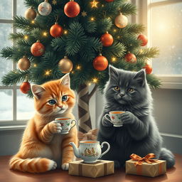 A cozy scene of two adorable cats, one orange tabby and one fluffy gray, sitting under a beautifully decorated Christmas tree