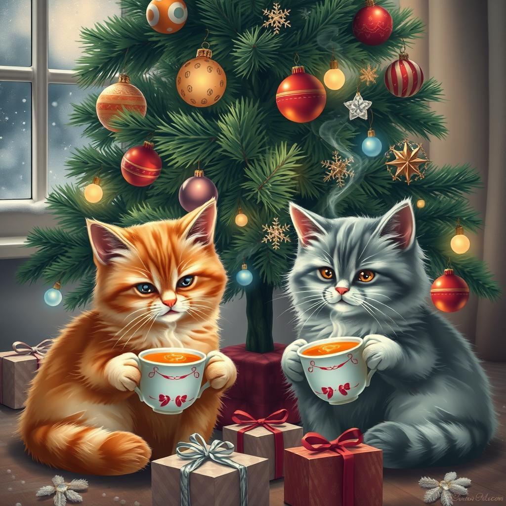 A cozy scene of two adorable cats, one orange tabby and one fluffy gray, sitting under a beautifully decorated Christmas tree