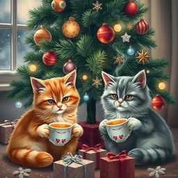 A cozy scene of two adorable cats, one orange tabby and one fluffy gray, sitting under a beautifully decorated Christmas tree