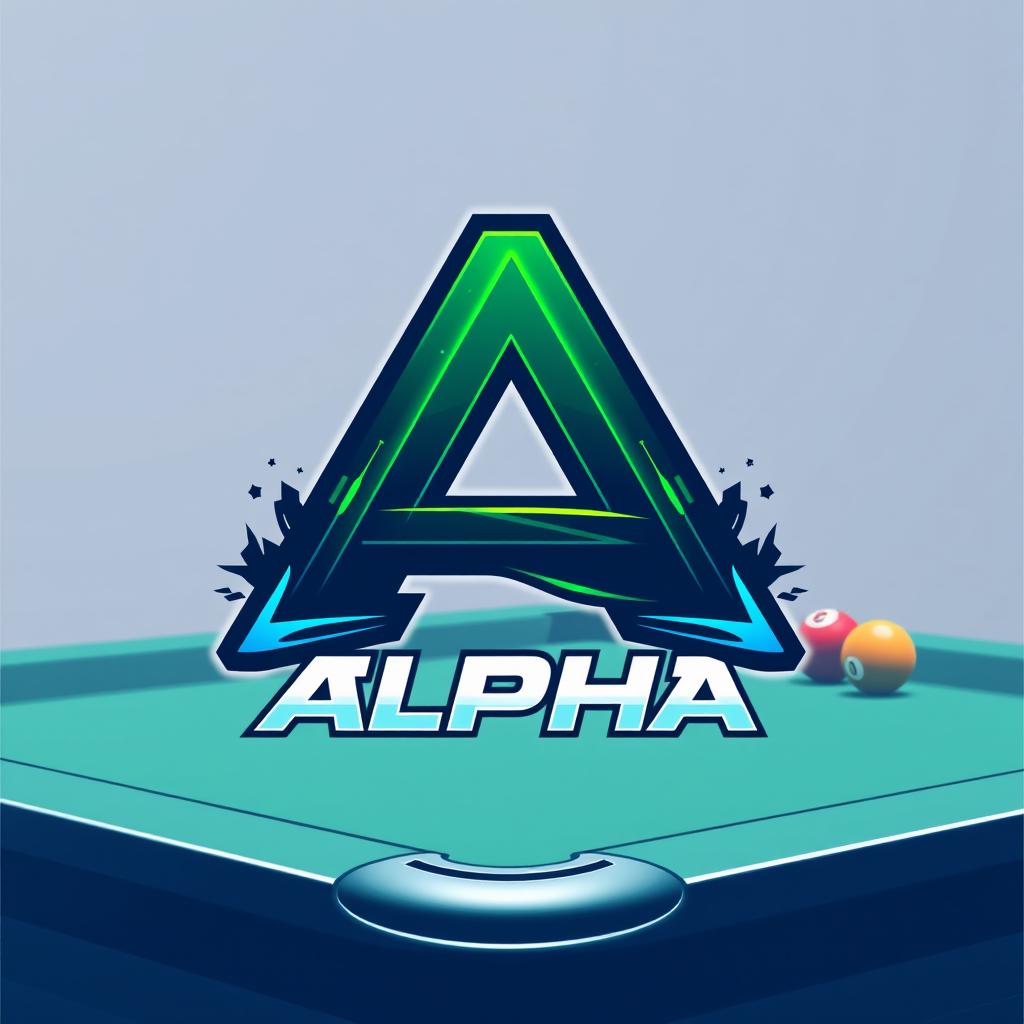 A stylish and modern profile picture for a social media page named 'Alpha', themed around gaming and billiards