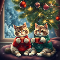 Two adorable cats sitting comfortably under a beautifully decorated Christmas tree, sipping hot tea from tiny cups