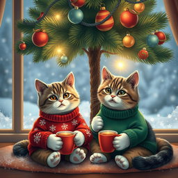 Two adorable cats sitting comfortably under a beautifully decorated Christmas tree, sipping hot tea from tiny cups