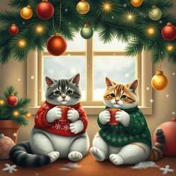 Two adorable cats sitting comfortably under a beautifully decorated Christmas tree, sipping hot tea from tiny cups