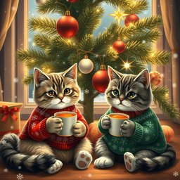 Two adorable cats sitting comfortably under a beautifully decorated Christmas tree, sipping hot tea from tiny cups