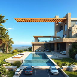 A visualization of a modern-style villa blending creatively with Achaemenid architecture, located on a hilltop