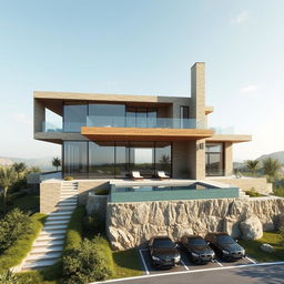 A visualization of a modern-style villa blending creatively with Achaemenid architecture, located on a hilltop