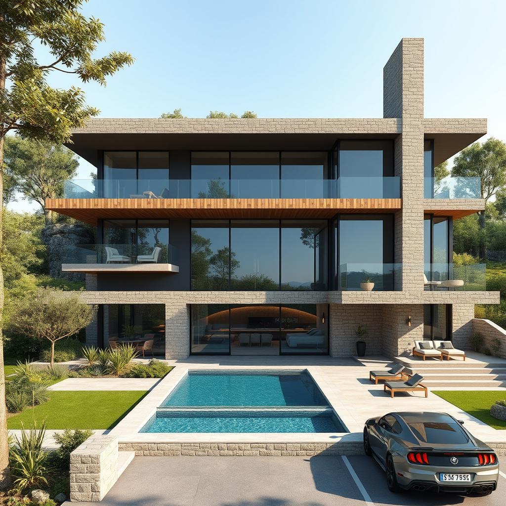 A visualization of a modern-style villa blending creatively with Achaemenid architecture, located on a hilltop