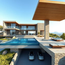 A visualization of a modern-style villa blending creatively with Achaemenid architecture, located on a hilltop