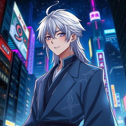 A striking 21-year-old anime ikemen with back-length white hair and captivating purple eyes, wearing a traditional kimono-like suit