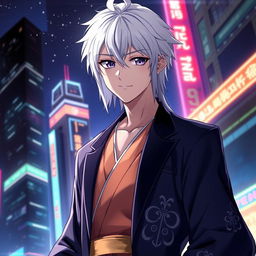 A striking 21-year-old anime ikemen with back-length white hair and captivating purple eyes, wearing a traditional kimono-like suit