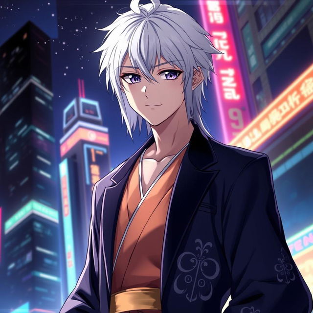 A striking 21-year-old anime ikemen with back-length white hair and captivating purple eyes, wearing a traditional kimono-like suit