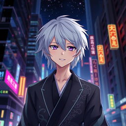 A striking 21-year-old anime ikemen with back-length white hair and captivating purple eyes, wearing a traditional kimono-like suit