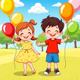 A vibrant and playful vector illustration of a cheerful boy and girl holding colorful balloons