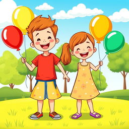 A vibrant and playful vector illustration of a cheerful boy and girl holding colorful balloons