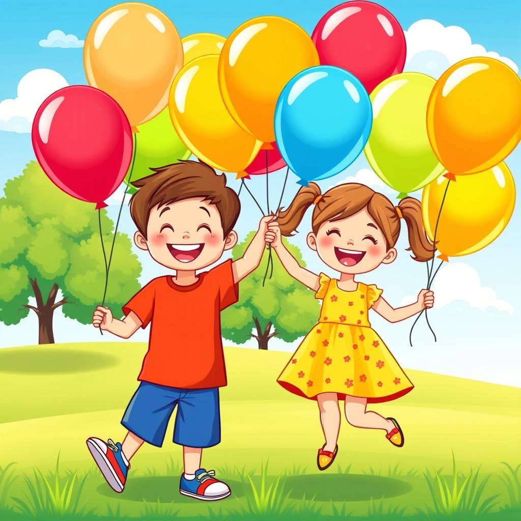 A vibrant and playful vector illustration of a cheerful boy and girl holding colorful balloons