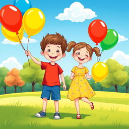 A vibrant and playful vector illustration of a cheerful boy and girl holding colorful balloons