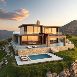A picturesque depiction of a rustic villa perched on a hill, blending modern architecture with Achaemenid style