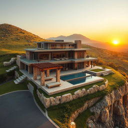 A picturesque depiction of a rustic villa perched on a hill, blending modern architecture with Achaemenid style