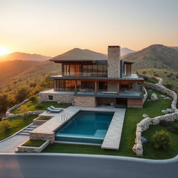 A picturesque depiction of a rustic villa perched on a hill, blending modern architecture with Achaemenid style