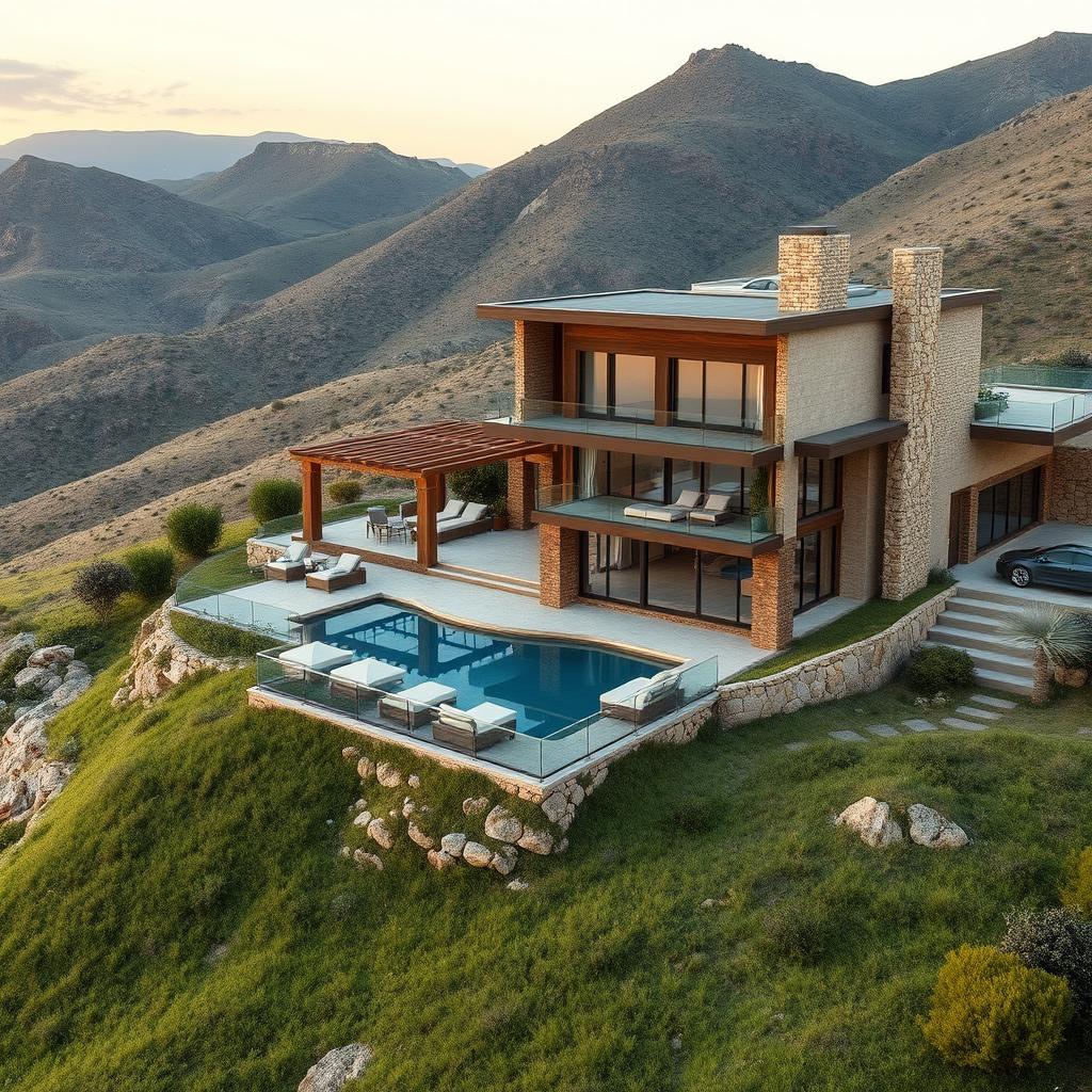 A picturesque depiction of a rustic villa perched on a hill, blending modern architecture with Achaemenid style