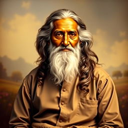 A portrait of Rabindranath Tagore, the famous Bengali poet and philosopher, dressed in a traditional style with a formal shirt and trousers