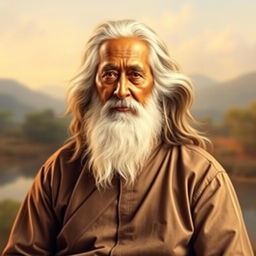 A portrait of Rabindranath Tagore, the famous Bengali poet and philosopher, dressed in a traditional style with a formal shirt and trousers